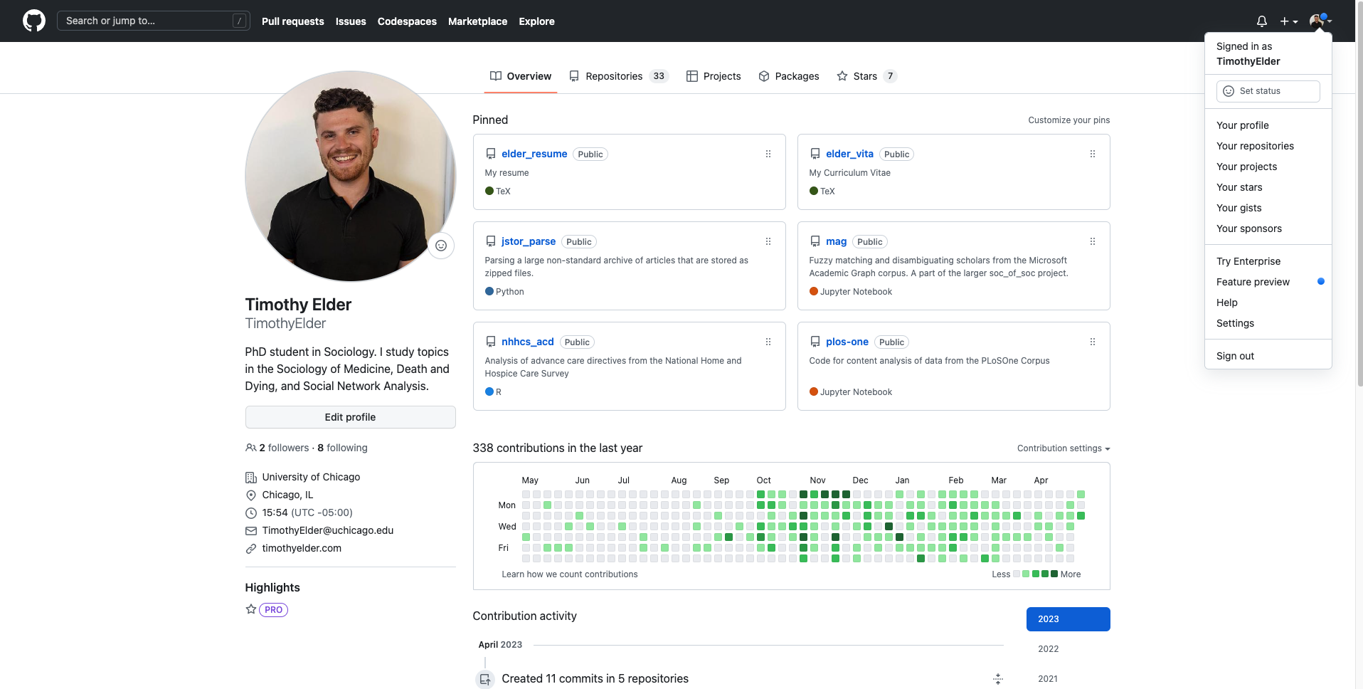 A GitHub profile page with publicly available repos.