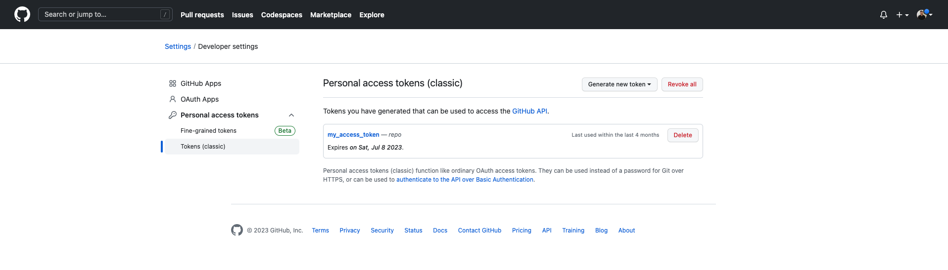 Settings for your personal access token.